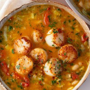 Lemony brothy beans with scallops